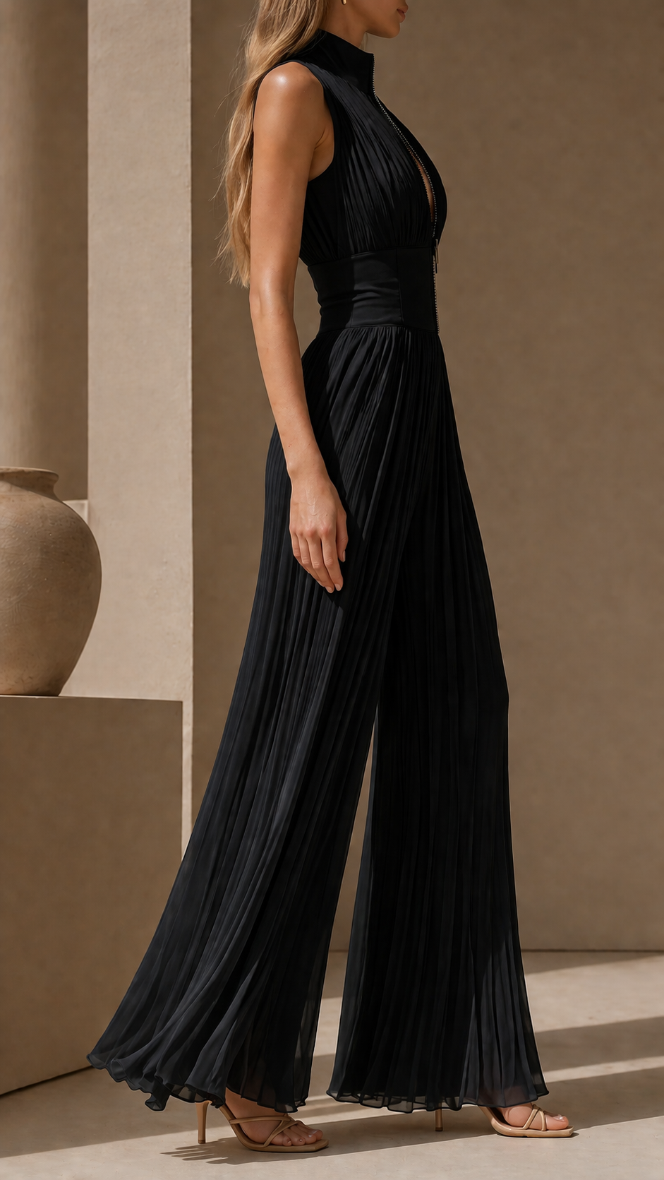Véra-Elegant Pleated Halter Jumpsuit