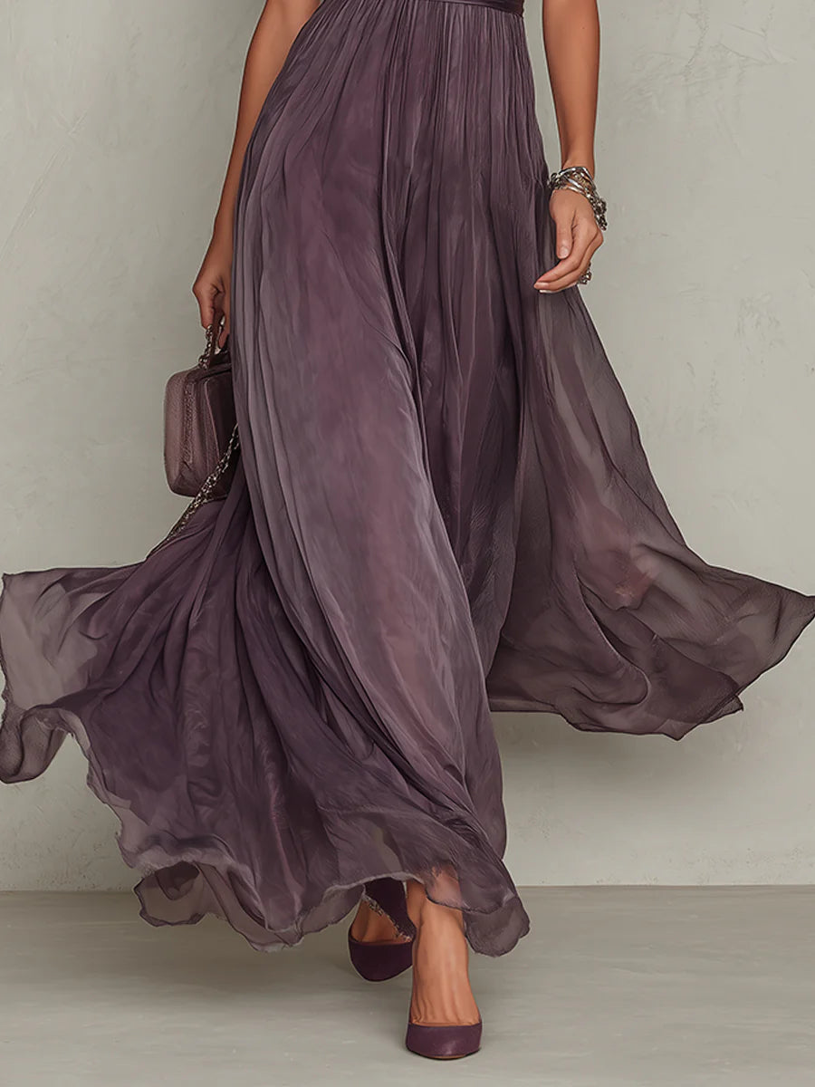 Megan | Elegant Chiffon Maxi Dress with Vintage Lace Details viola con scollo a goccia e bordo in pizzo di chiffon