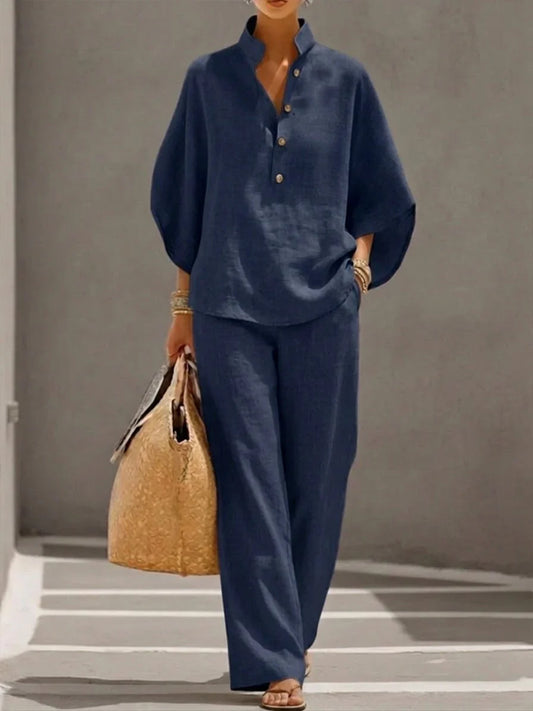 Belkis - Linen set with batwing sleeves and wide-leg pants