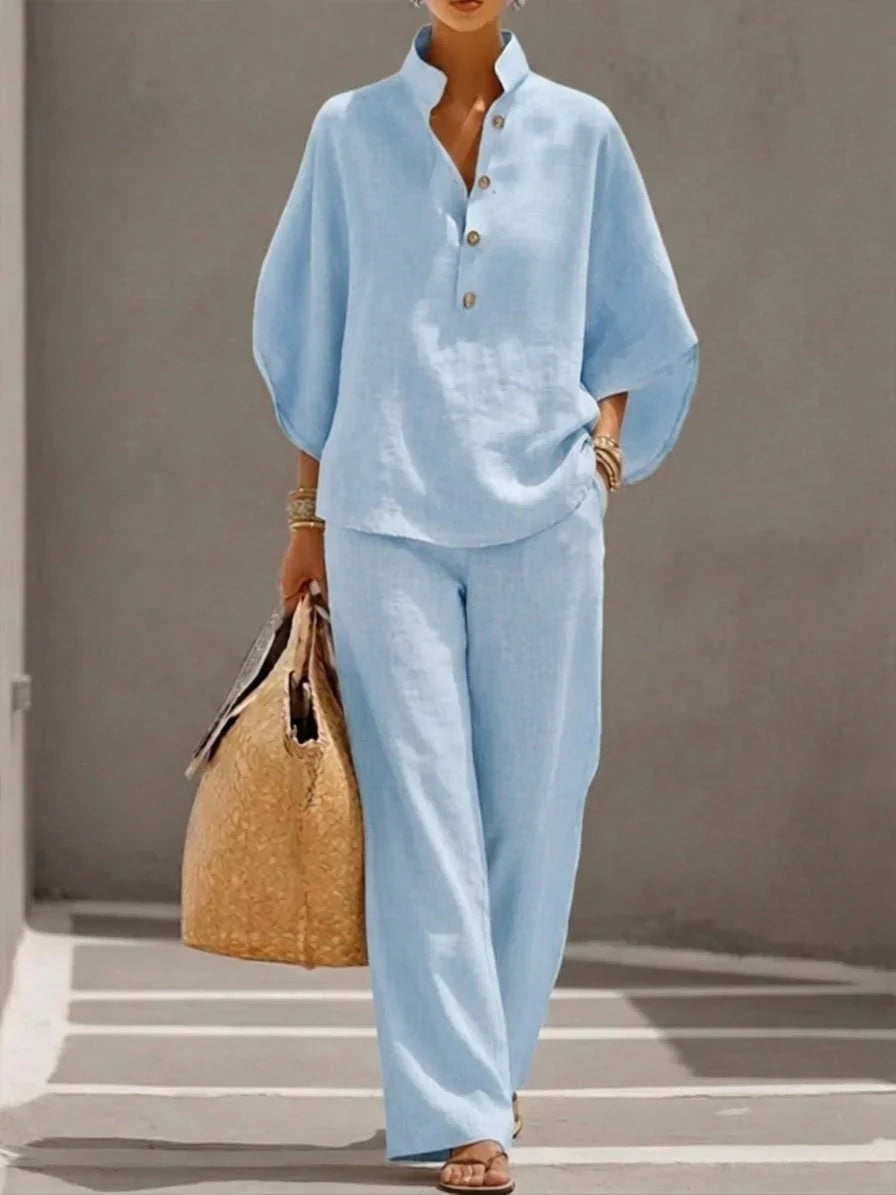 Belkis - Linen set with batwing sleeves and wide-leg pants