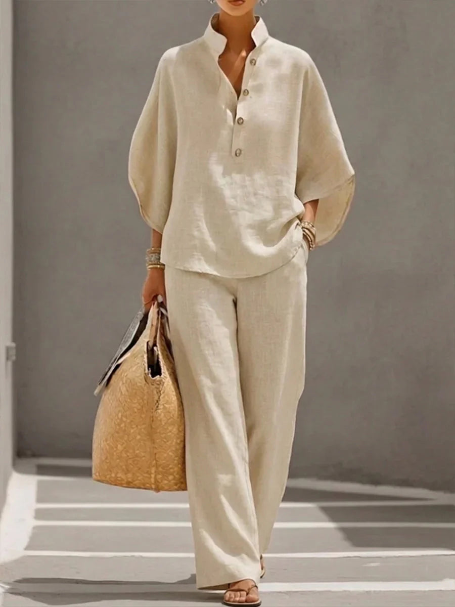 Belkis - Linen set with batwing sleeves and wide-leg pants