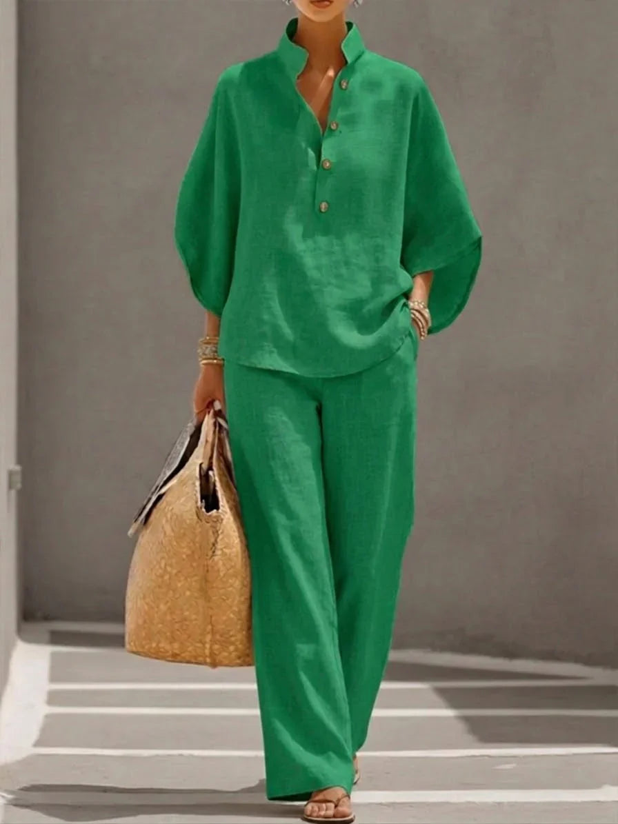 Belkis - Linen set with batwing sleeves and wide-leg pants